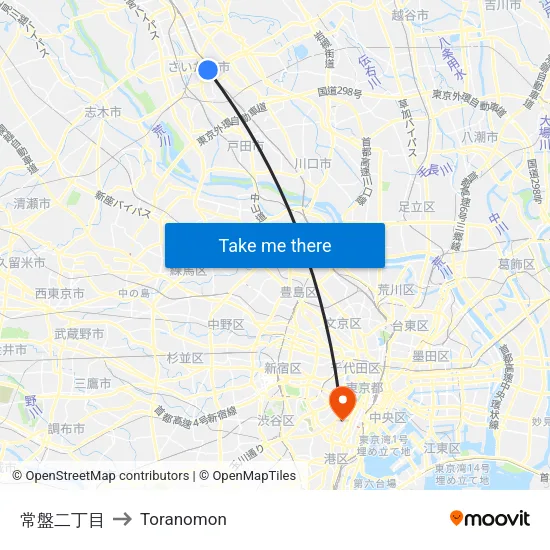 Tokiwa 2-Chome to Toranomon map