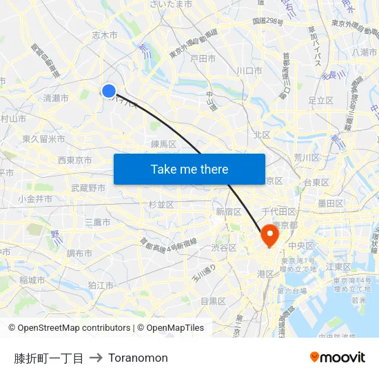 膝折町一丁目 to Toranomon map