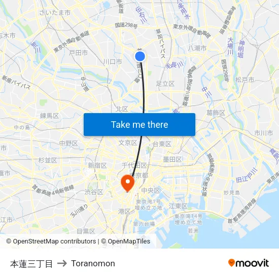 本蓮三丁目 to Toranomon map