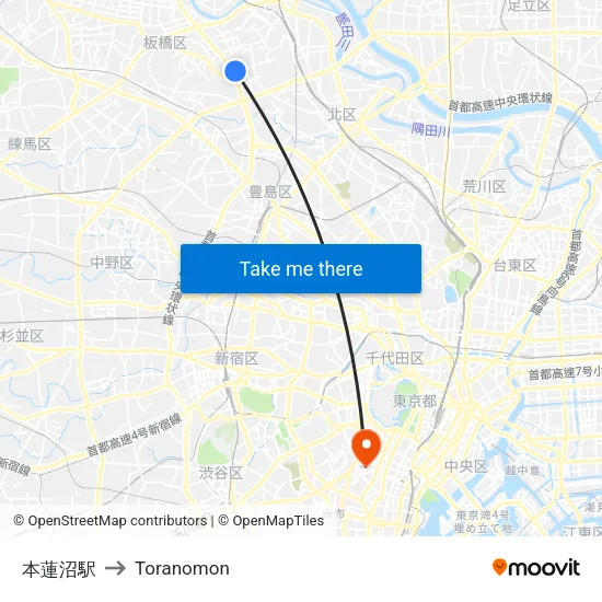本蓮沼駅 to Toranomon map