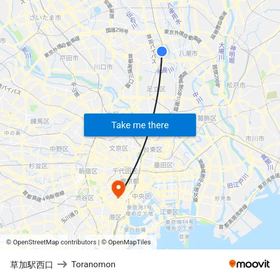 草加駅西口 to Toranomon map