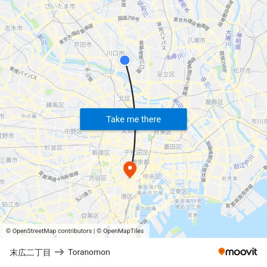 Suehiro 2-Chome to Toranomon map