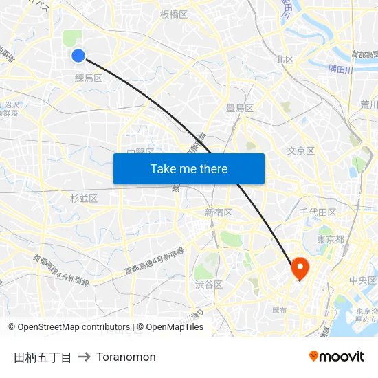 田柄五丁目 to Toranomon map
