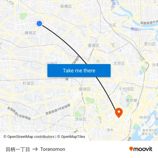Tagara 1-chome to Toranomon map