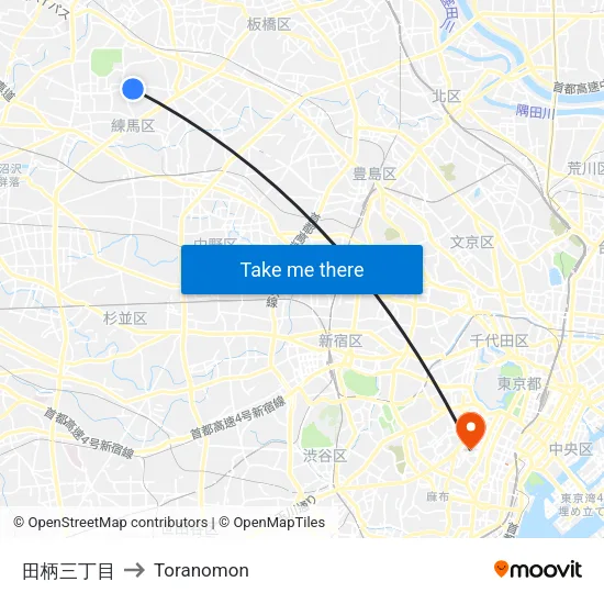 田柄三丁目 to Toranomon map