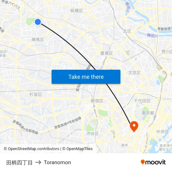Tagara 4-chome to Toranomon map