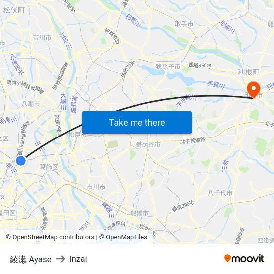 綾瀬 Ayase to Inzai map