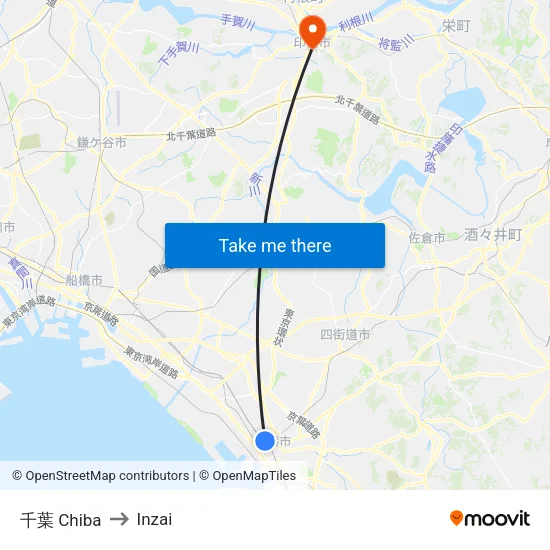 千葉 Chiba to Inzai map