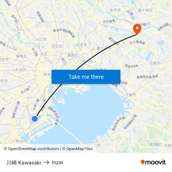 川崎 Kawasaki to Inzai map