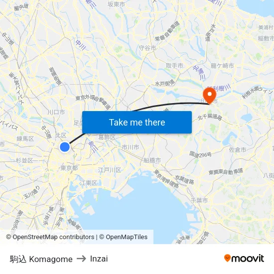 Komagome to Inzai map