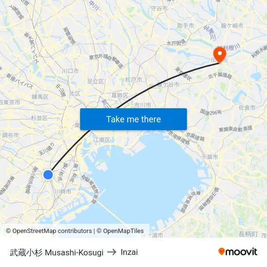 Musashi-Kosugi to Inzai map
