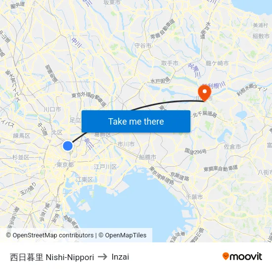 西日暮里 Nishi-Nippori to Inzai map