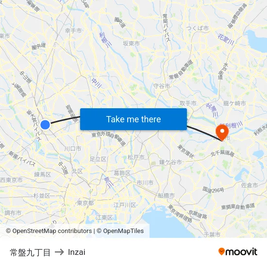 Tokiwa 9-chome to Inzai map