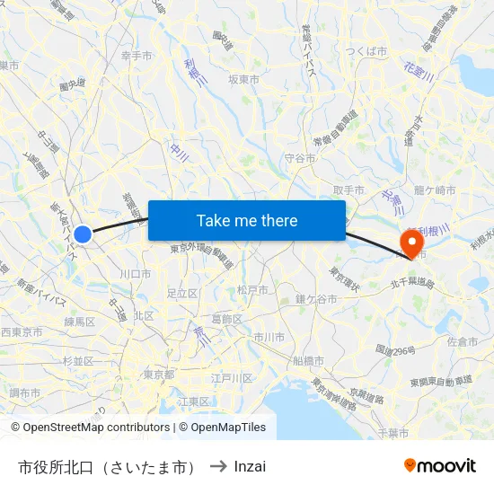 City Hall North Exit (Saitama) to Inzai map