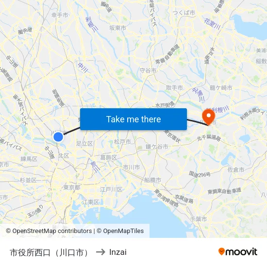 市役所西口（川口市） to Inzai map