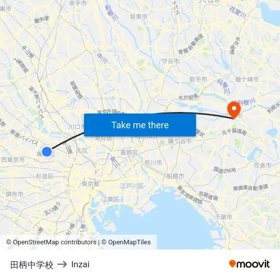 田柄中学校 to Inzai map