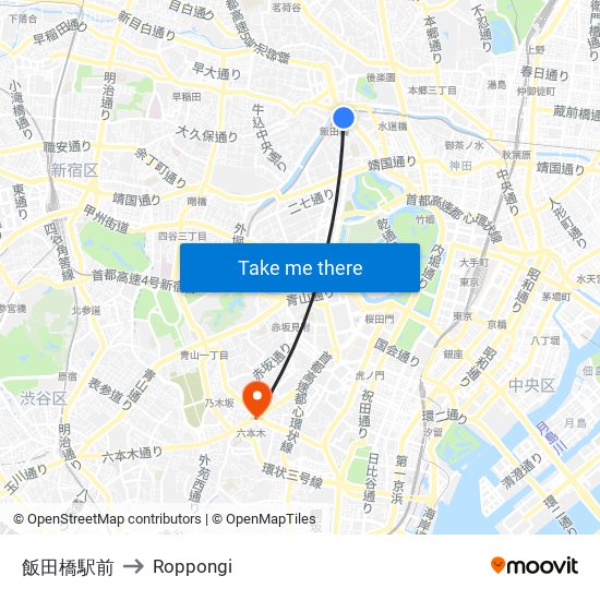 飯田橋駅前 to Roppongi map