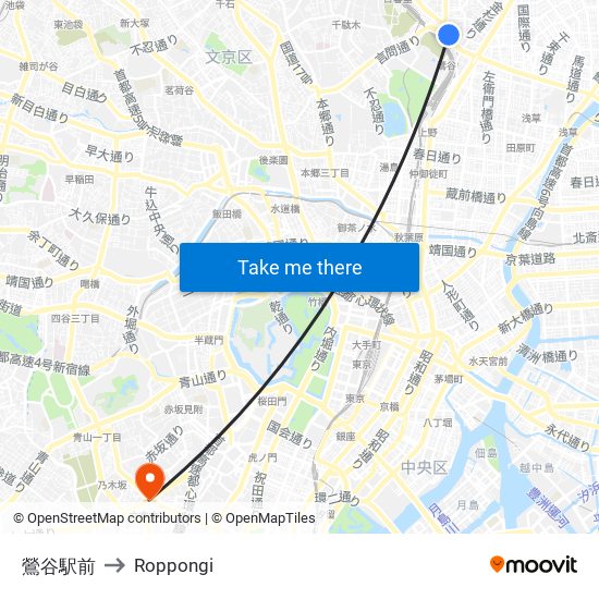 鶯谷駅前 to Roppongi map