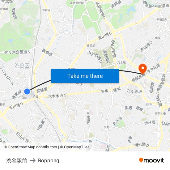 渋谷駅前 to Roppongi map