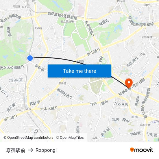 原宿駅前 to Roppongi map