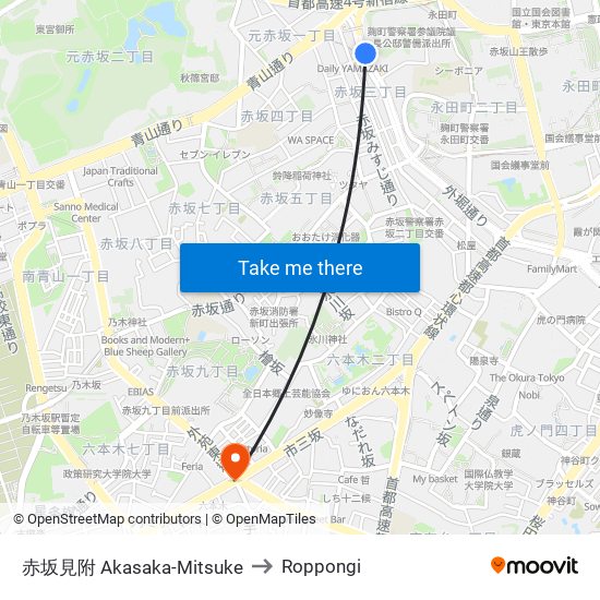 赤坂見附 Akasaka-Mitsuke to Roppongi map