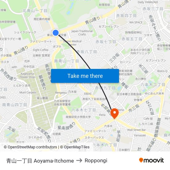 青山一丁目 Aoyama-Itchome to Roppongi map