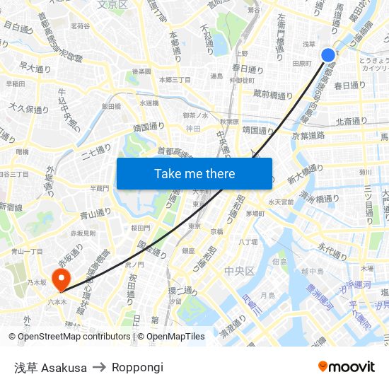 浅草 Asakusa to Roppongi map