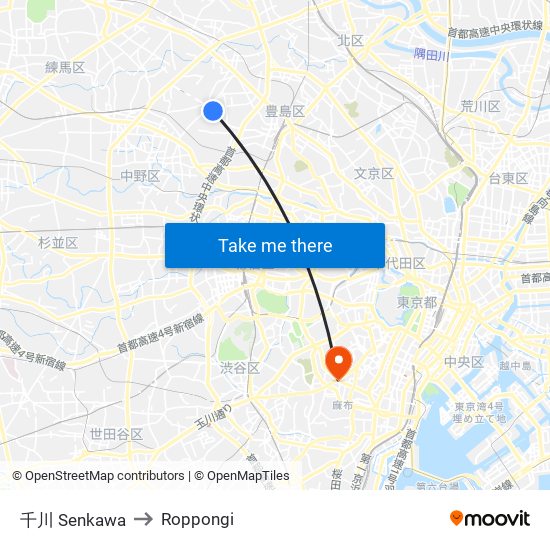 千川 Senkawa to Roppongi map