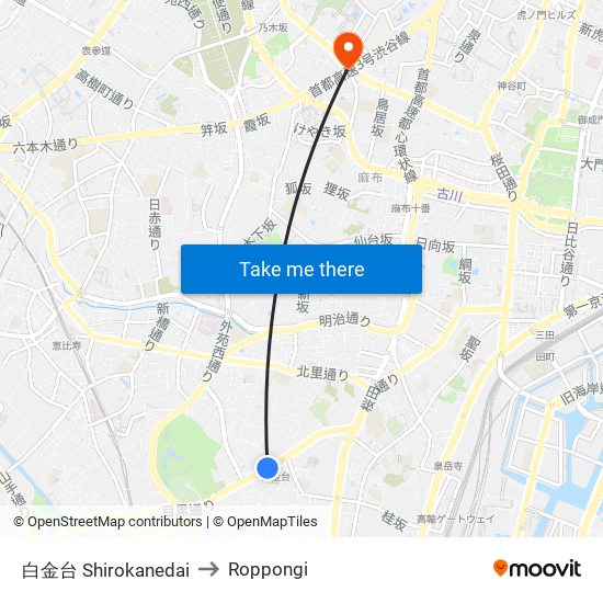 白金台 Shirokanedai to Roppongi map