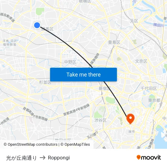 Hikarigaoka South Street to Roppongi map