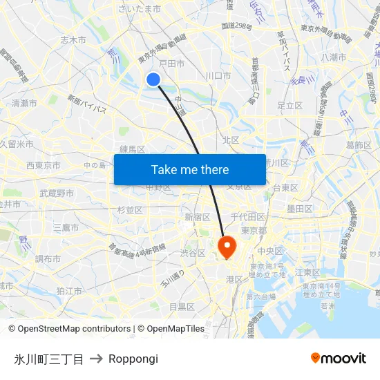 Hikawa-cho 3-chome to Roppongi map