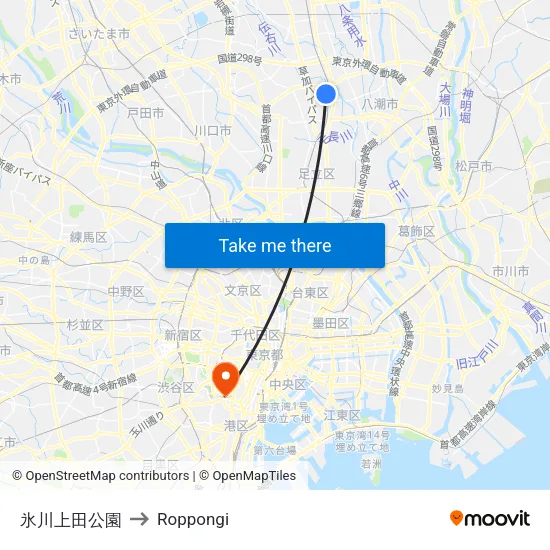 Hikawa Ueda Park to Roppongi map