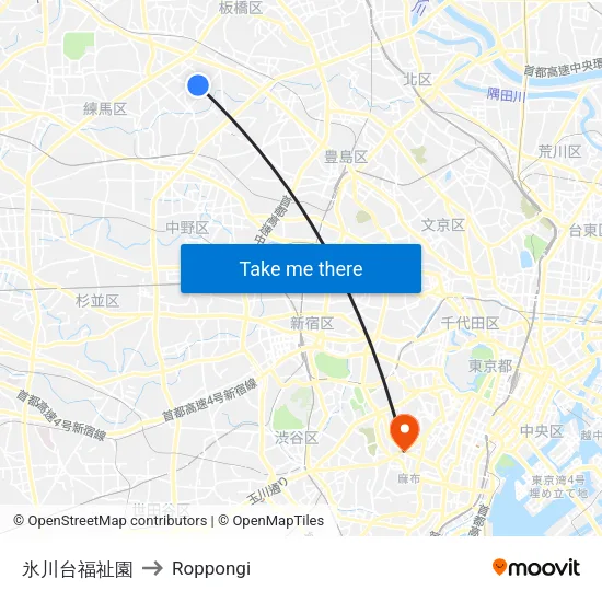 Hikawadai Welfare Center to Roppongi map