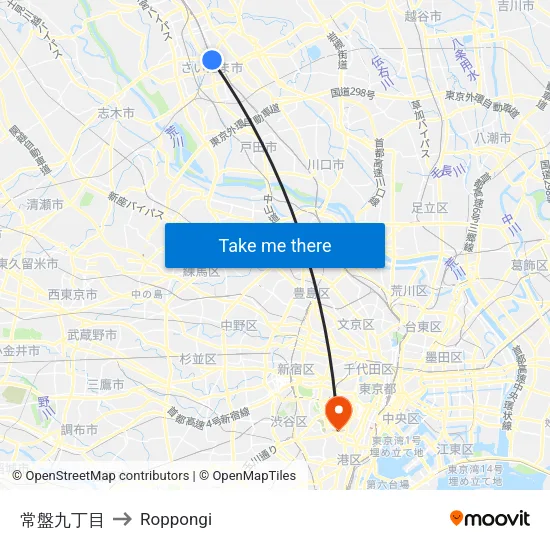 Tokiwa 9-chome to Roppongi map
