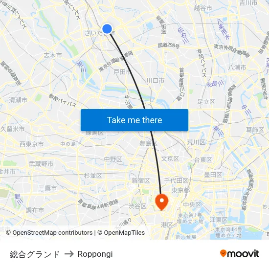 Sports Ground to Roppongi map
