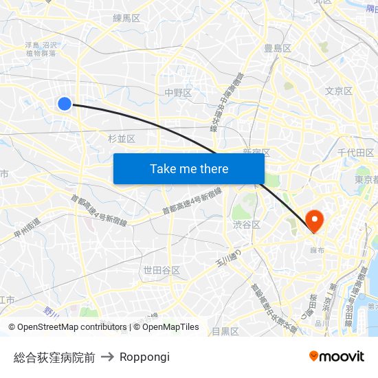 総合荻窪病院前 to Roppongi map