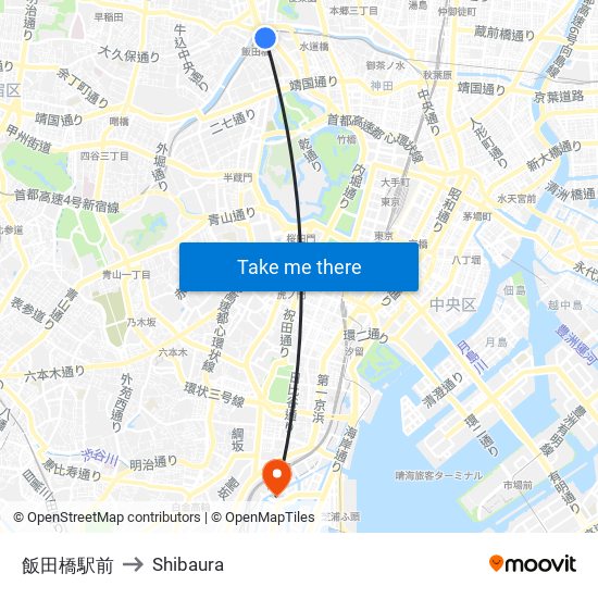 飯田橋駅前 to Shibaura map