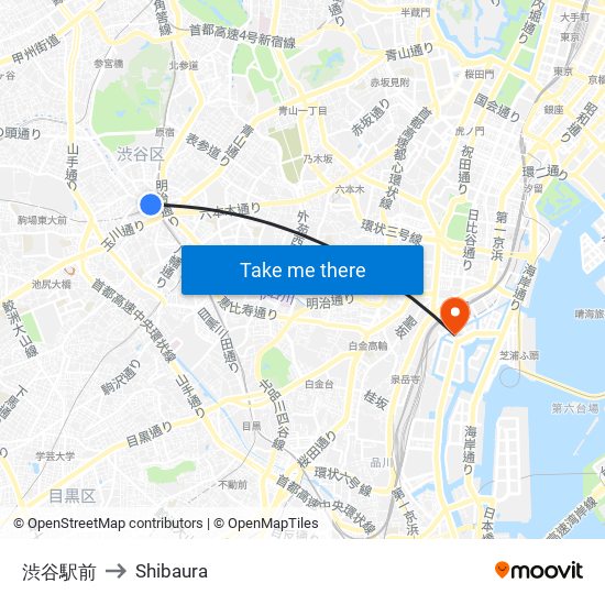 渋谷駅前 to Shibaura map