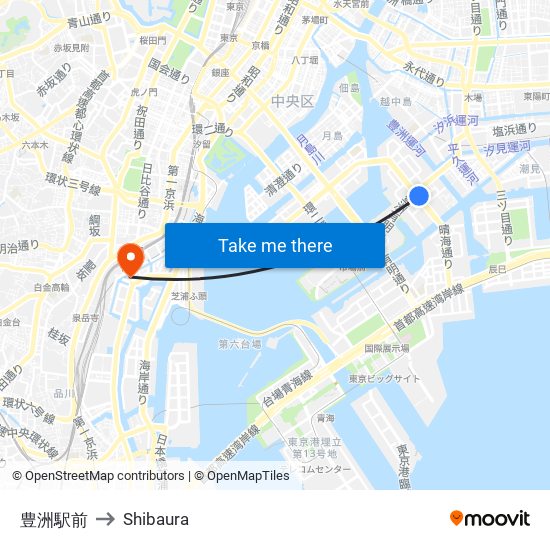 豊洲駅前 to Shibaura map