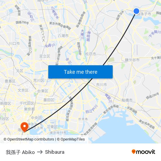 我孫子 Abiko to Shibaura map