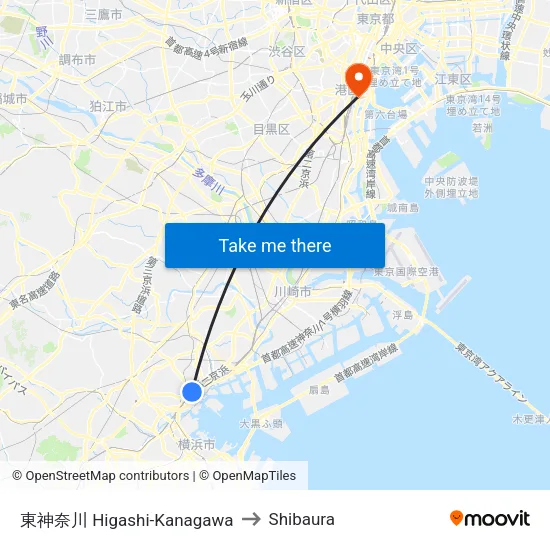 Higashi-Kanagawa to Shibaura map