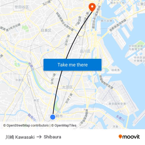 川崎 Kawasaki to Shibaura map