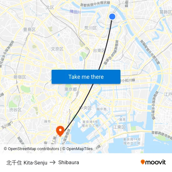 北千住 Kita-Senju to Shibaura map
