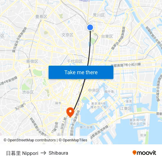 西日暮里 Nishi-Nippori to Shibaura map