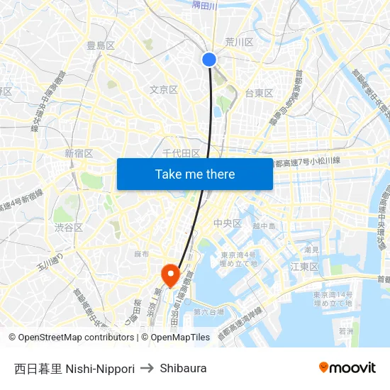 西日暮里 Nishi-Nippori to Shibaura map