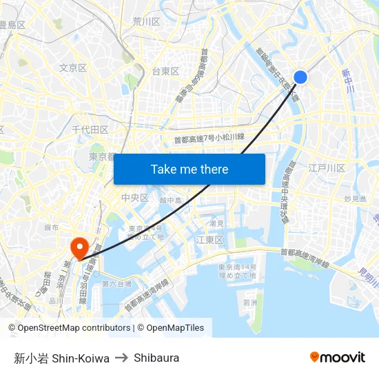 Shin-Koiwa to Shibaura map