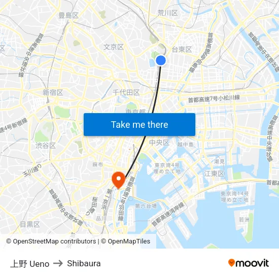 Ueno to Shibaura map