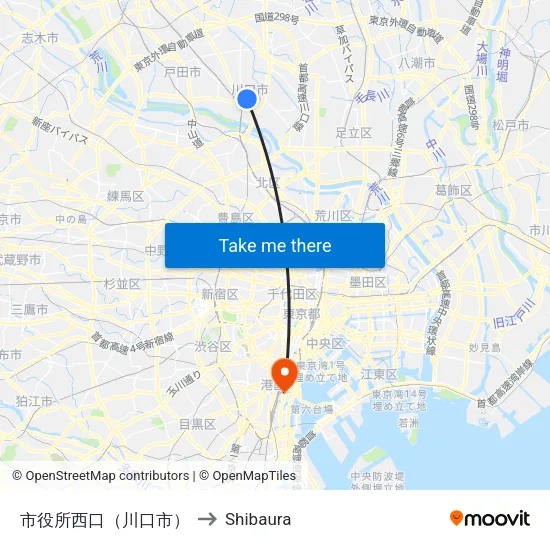 City Hall West (Kawaguchi) to Shibaura map