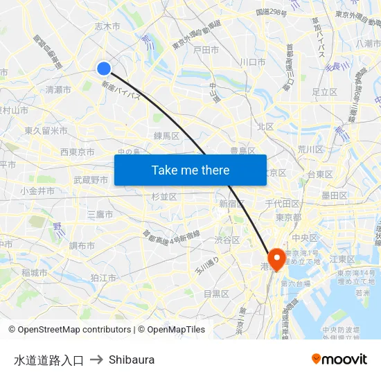 水道道路入口 to Shibaura map