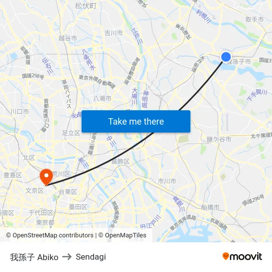 我孫子 Abiko to Sendagi map